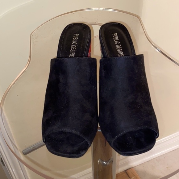 Public Desire Sian Faux Suede  raised block heels w/ beautiful embroidery 🌺🌸 - Picture 5 of 8